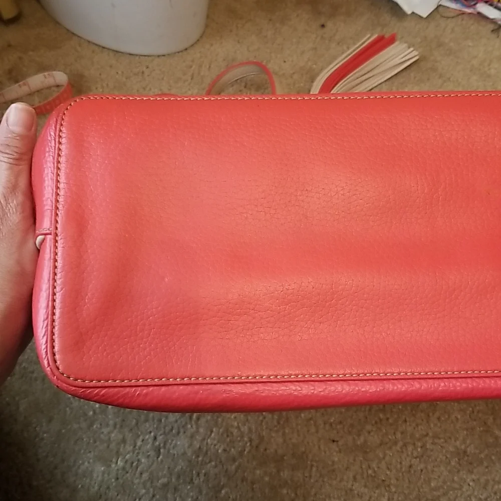 Tory Burch Two-Tone Cream and Coral Leather Tote with Tassel
